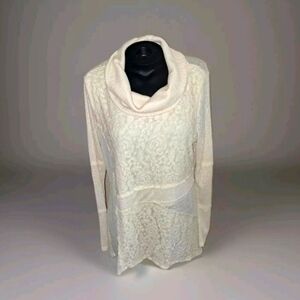 Adobe Star Women's Large Cream Cowl Pullover Top Long Lace Blouse NWT B20#14
